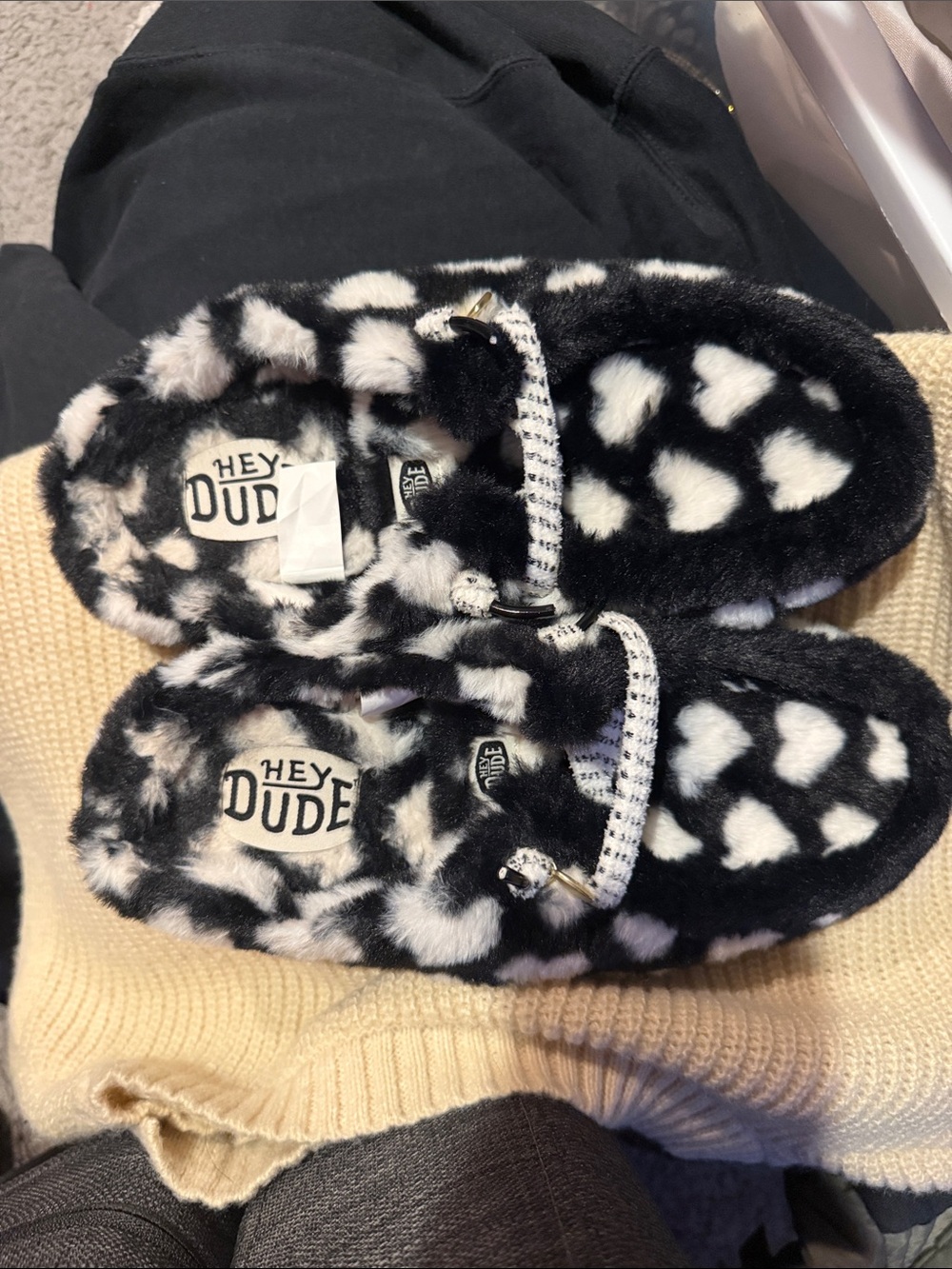 Hey Dude Black & White Fuzzy Heart Print Slip-Ons
